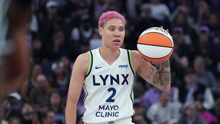 Sep 6, 2025; San Francisco, California, USA;  Minnesota Lynx guard Natisha Hiedeman (2) dribbles upcourt in front of Golden State Valkyries guard Kate Martin (20) in the second quarter at Chase Center. Mandatory Credit: David Gonzales-Imagn Images