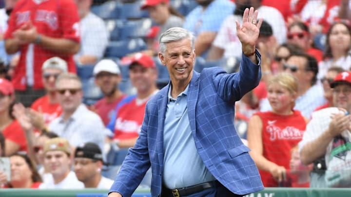 Aug 18, 2024; Philadelphia, Pennsylvania, USA; Former Philadelphia Phillies president Dave Dombrowski during Phillies Alumni Weekend and the 20th anniversary of Citizens Bank Park before game against the Washington Nationals at Citizens Bank Park. 