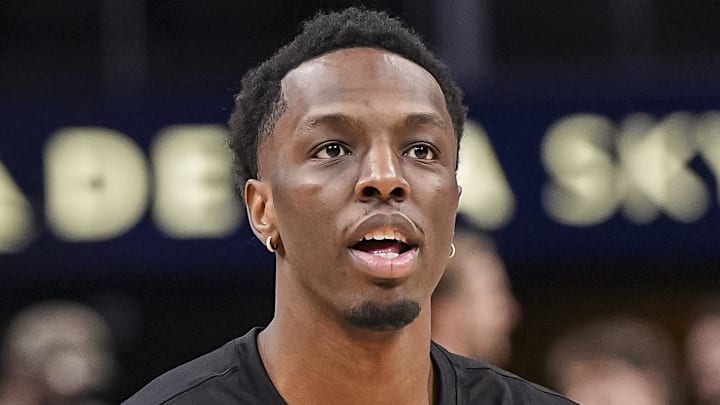 Onyeka Okongwu #17 of the Atlanta Hawks warms up before facing the Phoenix Suns.