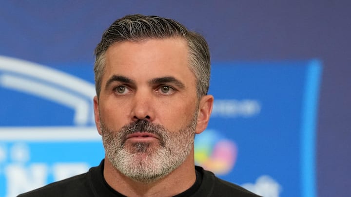 Feb 24, 2026; Indianapolis, IN, USA; Atlanta Falcons coach Kevin Stefanski speaks at the NFL Scouting Combine at the Indiana Convention Center. Mandatory Credit: Kirby Lee-Imagn Images