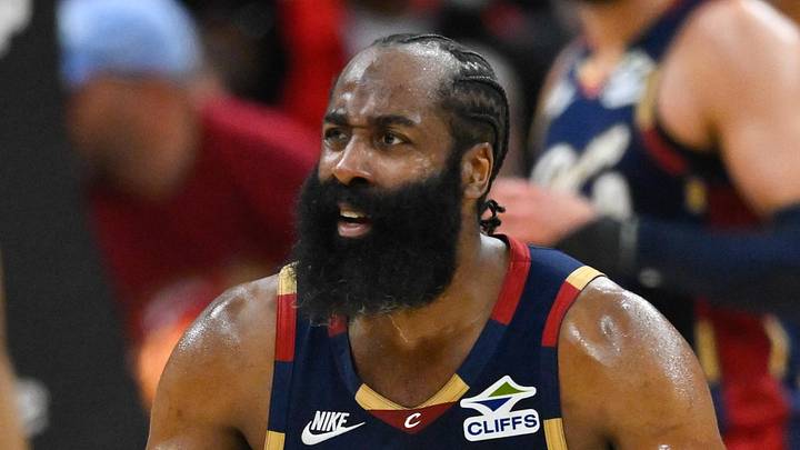 May 23, 2026; Cleveland, Ohio, USA; Cleveland Cavaliers guard James Harden (1) reacts in the second quarter against the New York Knicks during game three of the eastern conference finals for the 2026 NBA playoffs at Rocket Arena. Mandatory Credit: David Richard-Imagn Images