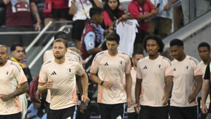 Jul 30, 2025; St. Louis, Missouri, USA; Members of Aston Villa take the pitch for warm ups prior to their match against St. Louis City at Energizer Park. Mandatory Credit: Joe Puetz-Imagn Images