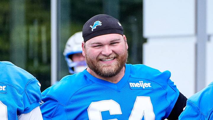 From left, Detroit Lions offensive tackle Penei Sewell (58), guard Tate Ratledge (69), center Cade Mays (64) and offensive lineman Christian Mahogany (73) before OTAs at Meijer Performance Center in Allen Park on Thursday, June 11, 2026.
