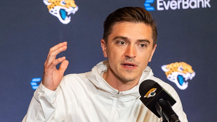 The Jacksonville Jaguars’ first-round pick, Colorado Buffaloes wide receiver and defensive back Travis Hunter, left, listens as General Manager James Gladstone, right. Answers questions during a press conference Friday, March 25, 2025 at Miller Electric Center in Jacksonville, Fla. [Doug Engle/Florida Times-Union]