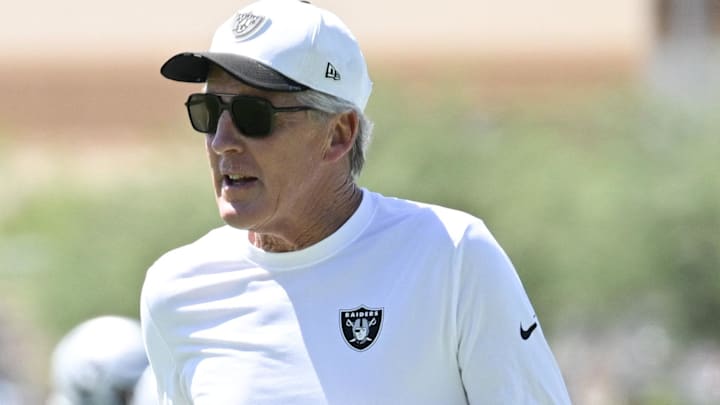 Jun 11, 2025; Henderson, NV, USA; Las Vegas Raiders head coach Pete Carroll runs down the field during Las Vegas Raiders Minicamp at Intermountain Health Performance Center. Mandatory Credit: Candice Ward-Imagn Images