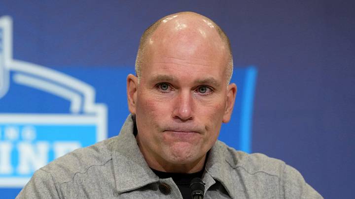 Feb 24, 2026; Indianapolis, IN, USA; Baltimore Ravens general manager Eric DeCosta speaks at the NFL Scouting Combine at the Indiana Convention Center. Mandatory Credit: Kirby Lee-Imagn Images