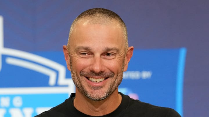 Feb 24, 2026; Indianapolis, IN, USA; Las Vegas Raiders general manager John Spytek speaks at the NFL Scouting Combine at the Indiana Convention Center. Mandatory Credit: Kirby Lee-Imagn Images
