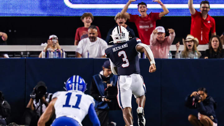 Oct 11, 2025; Tucson, Arizona, USA; Arizona Wildcats running back Kedrick Reescano (3) runs a touchdown in the fourth quarter of the game against the Brigham Young Cougars at Arizona Stadium. Mandatory Credit: Aryanna Frank-Imagn Images Oct 11, 2025; Tucson, Arizona, USA; Arizona Wildcats running back Kedrick Reescano (3) runs a touchdown in the fourth quarter of the game against the Brigham Young Cougars at Arizona Stadium. Mandatory Credit: Aryanna Frank-Imagn Images