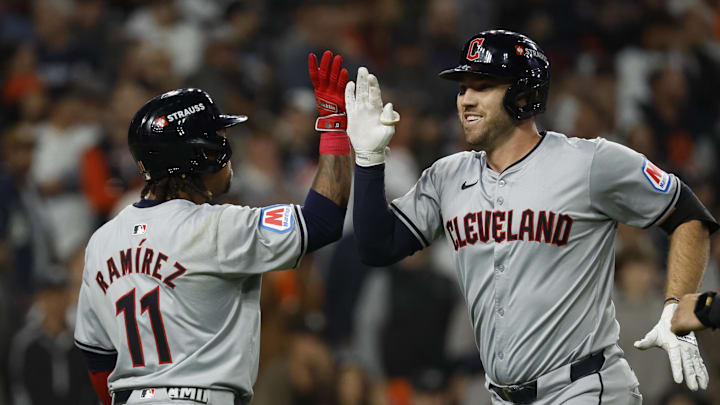 Oct 10, 2024; Detroit, Michigan, USA; Cleveland Guardians first base David Fry (6) celebrates with third base José Ramírez (11) after hitting a two run home run in the seventh inning against the Detroit Tigers during game four of the ALDS for the 2024 MLB Playoffs at Comerica Park. Mandatory Credit: Rick Osentoski-Imagn Images