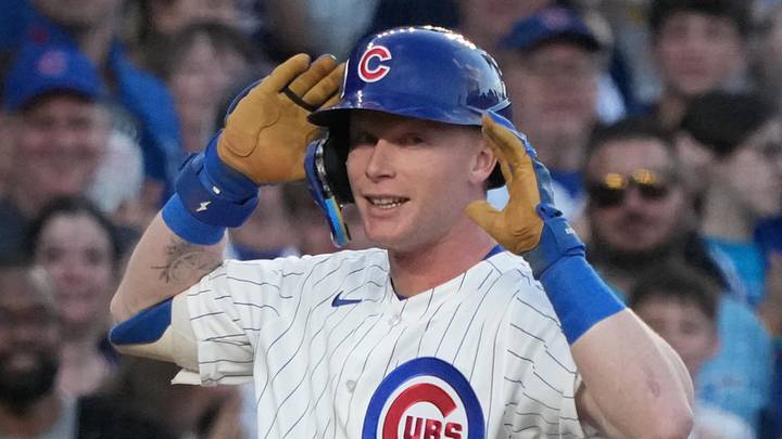 Jun 15, 2026; Chicago, Illinois, USA; Chicago Cubs center fielder Pete Crow-Armstrong (4) gestures after hitting a triple against the Colorado Rockies during the third inning at Wrigley Field. Mandatory Credit: David Banks-Imagn Images