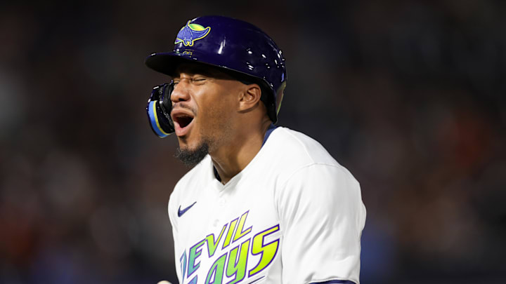 Tampa Bay Rays center fielder Chandler Simpson (14) reacts after hitting an rbi single against the Baltimore Orioles in the eighth inning at George M. Steinbrenner Field. 