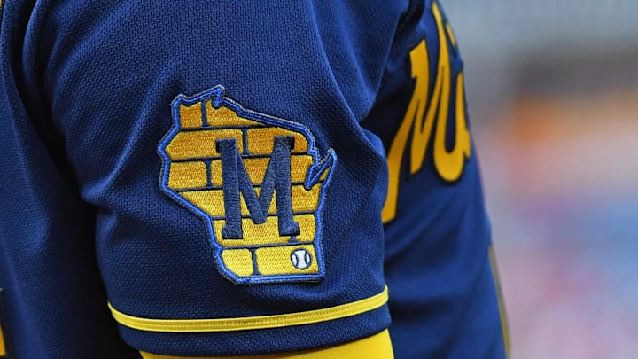 Jul 19, 2023; Philadelphia, Pennsylvania, USA; Milwaukee Brewers logo patch on the jersey of catcher William Contreras (24) against the Philadelphia Phillies Citizens Bank Park. Mandatory Credit: Eric Hartline-Imagn Images Jul 19, 2023; Philadelphia, Pennsylvania, USA; Milwaukee Brewers logo patch on the jersey of catcher William Contreras (24) against the Philadelphia Phillies Citizens Bank Park. Mandatory Credit: Eric Hartline-Imagn Images