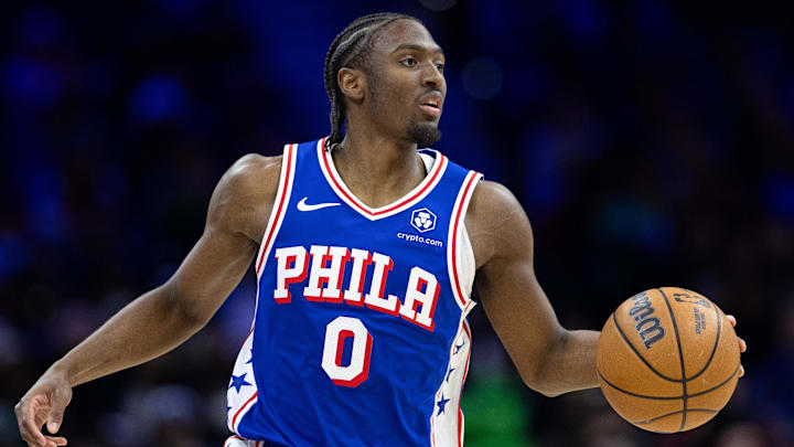 Feb 20, 2025; Philadelphia, Pennsylvania, USA; Philadelphia 76ers guard Tyrese Maxey (0) controls the ball against the Boston Celtics during the third quarter at Wells Fargo Center. Mandatory Credit: Bill Streicher-Imagn Images
