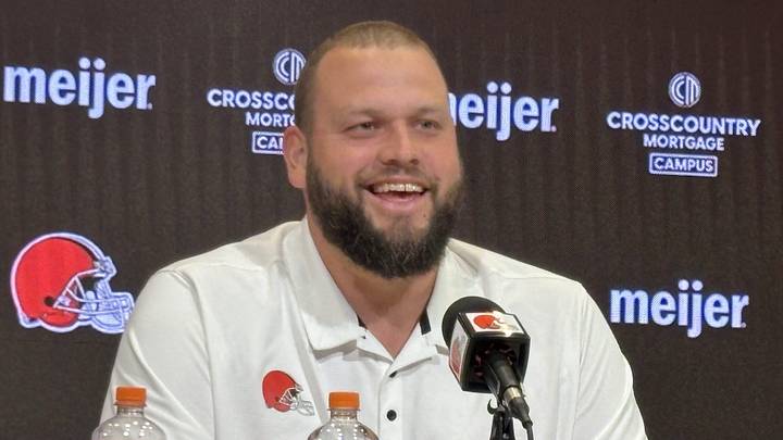 Joel Bitonio jokes with members of the media.
