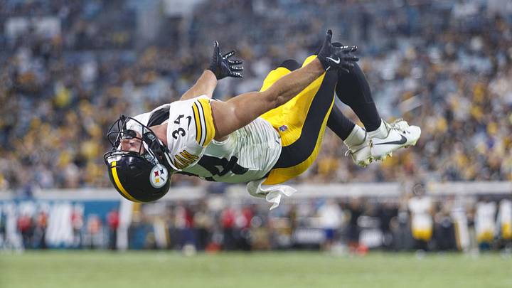 Aug 9, 2025; Jacksonville, Florida, USA; Pittsburgh Steelers running back Max Hurleman (34) celebrates a touchdown against the Jacksonville Jaguars during the second quarter  at EverBank Stadium. Mandatory Credit: Morgan Tencza-Imagn Images