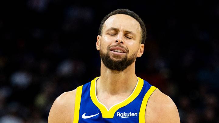 Jan 3, 2026; San Francisco, California, USA;  Golden State Warriors guard Stephen Curry (30) reacts during the second quarter against the Utah Jazz at Chase Center. Mandatory Credit: John Hefti-Imagn Images