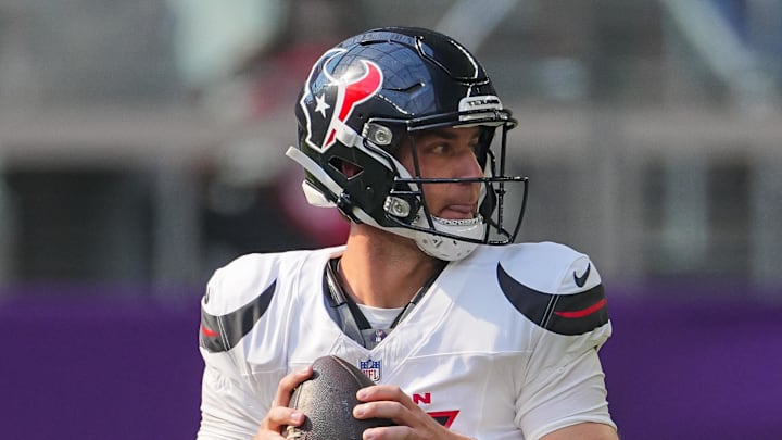 Aug 9, 2025; Minneapolis, Minnesota, USA; Houston Texans quarterback Kedon Slovis (16) drops back to pass against the Minnesota Vikings in the third quarter at U.S. Bank Stadium. Mandatory Credit: Brad Rempel-Imagn Images