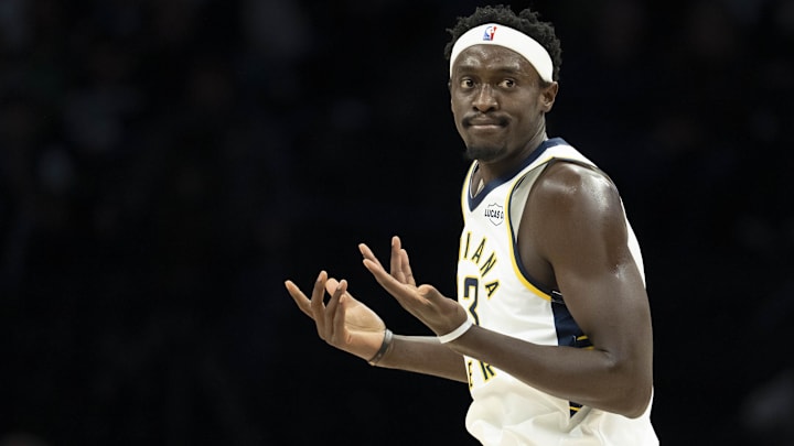 Indiana Pacers forward Pascal Siakam (43) reacts after making a three point shot against the Minnesota Timberwolves in the first half at Target Center. Indiana Pacers forward Pascal Siakam (43) reacts after making a three point shot against the Minnesota Timberwolves in the first half at Target Center.