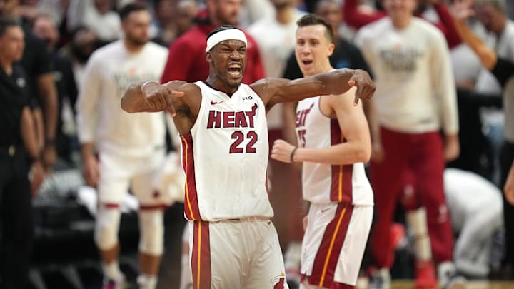 Apr 24, 2023; Miami, Florida, USA; Miami Heat forward Jimmy Butler (22) celebrates after making a shot against the Milwaukee Bucks in the fourth quarter during game four of the 2023 NBA Playoffs at Kaseya Center. Mandatory Credit: Jim Rassol-Imagn Images Apr 24, 2023; Miami, Florida, USA; Miami Heat forward Jimmy Butler (22) celebrates after making a shot against the Milwaukee Bucks in the fourth quarter during game four of the 2023 NBA Playoffs at Kaseya Center. Mandatory Credit: Jim Rassol-Imagn Images