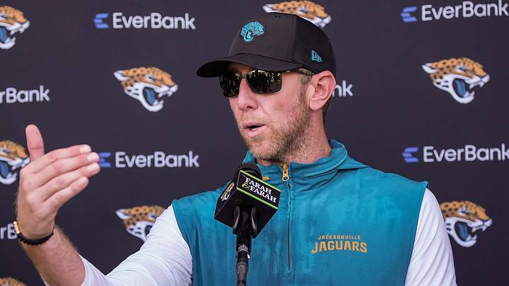 Jacksonville Jaguars head coach Liam Coen talks with the media after a joint practice with the Carolina Panthers on the 16th session of NFL training camp at the Miller Electric Center on Wednesday, Aug. 19, 2026, in Jacksonville, Fla. [Doug Engle/Florida Times-Union]