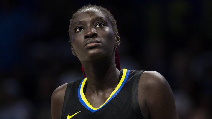 Sep 29, 2023; Arlington, Texas, USA; Dallas Wings center Awak Kuier (28) looks for the ball during the second half against the Las Vegas Aces during game three of the 2023 WNBA Playoffs at College Park Center. Mandatory Credit: Jerome Miron-Imagn Images