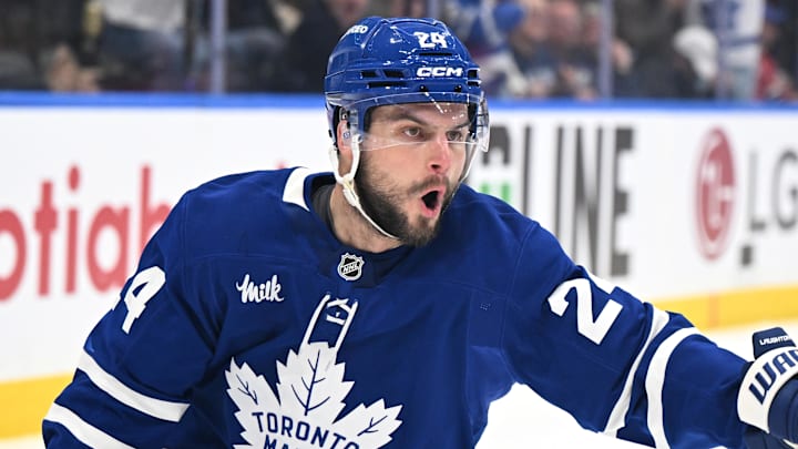 Dec 6, 2025; Toronto, Ontario, CAN;  Toronto Maple Leafs forward Scott Laughton (24) celebrates after scoring a goal against the Montreal Canadiens in the third period at Scotiabank Arena. Mandatory Credit: Dan Hamilton-Imagn Images