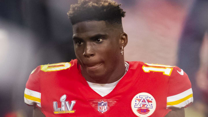 Feb 4, 2021; Tampa, FL, USA;  Kansas City Chiefs wide receiver Tyreek Hill (10) reacts after losing to the Tampa Bay Buccaneers in Super Bowl LV at Raymond James Stadium.  Mandatory Credit: Mark J. Rebilas-Imagn Images