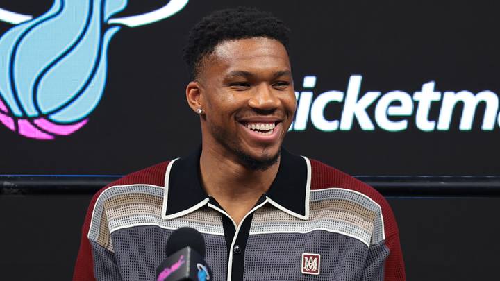 Miami Heat forward Giannis Antetokounmpo (7) reacts (Mandatory Credit: Sam Navarro-Imagn Images)