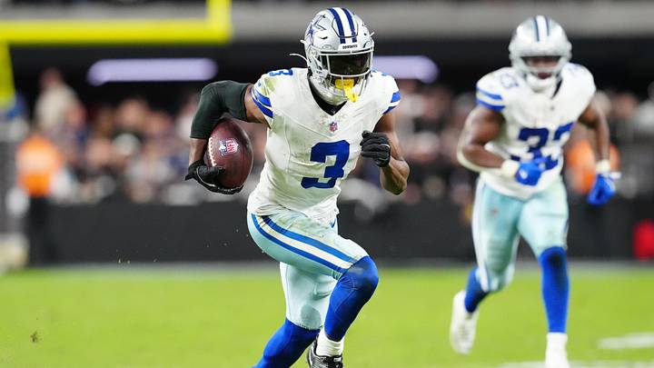 Dallas Cowboys wide receiver George Pickens runs to score a touchdown during the first half against the Las Vegas Raiders at Allegiant Stadium. Dallas Cowboys wide receiver George Pickens runs to score a touchdown during the first half against the Las Vegas Raiders at Allegiant Stadium.