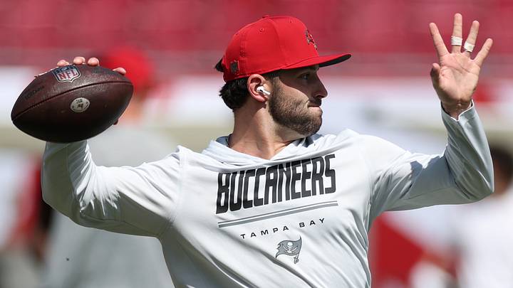 Sep 27, 2026; Tampa, Florida, USA;  Tampa Bay Buccaneers quarterback Baker Mayfield (6) warms up prior to the game against the Minnesota Vikings at Raymond James Stadium.  Mandatory Credit: Matt Pendleton-Imagn Images
