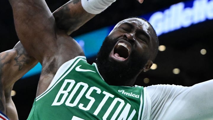 Apr 21, 2026; Boston, Massachusetts, USA; Boston Celtics guard Jaylen Brown (7) reacts after being fouled by Philadelphia 76ers guard Kelly Oubre Jr. (9) in the second half of a game two of the first round of the 2026 NBA Playoffs at TD Garden. Mandatory Credit: Brian Fluharty-Imagn Images