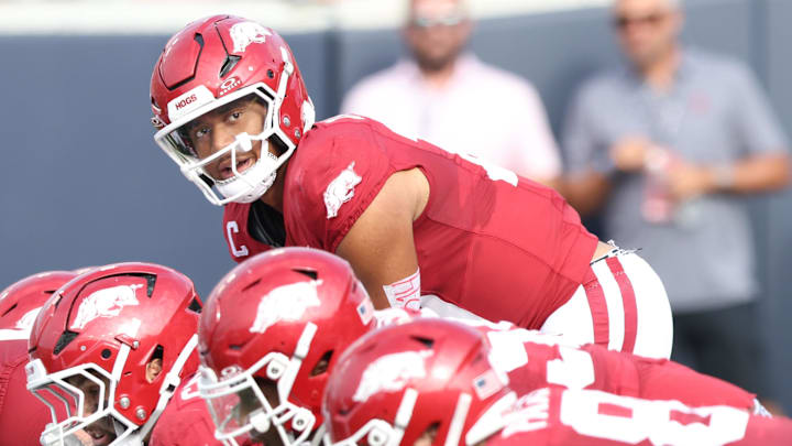 Arkansas Razorbacks quarterback Taylen Green (10) at the line during the first quarter against the Arkansas State Red Wolves at War Memorial Stadium.
