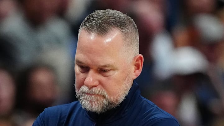 Apr 6, 2025; Denver, Colorado, USA; Denver Nuggets head coach Michael Malone during the third quarter against the Indiana Pacers at Ball Arena. Mandatory Credit: Ron Chenoy-Imagn Images