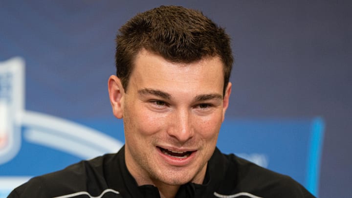 Feb 27, 2026; Indianapolis, IN, USA; Indiana quarterback Fernando Mendoza (QB11) speaks to members of the media during the NFL Combine at the Indiana Convention Center. Mandatory Credit: Jacob Musselman-Imagn Images Feb 27, 2026; Indianapolis, IN, USA; Indiana quarterback Fernando Mendoza (QB11) speaks to members of the media during the NFL Combine at the Indiana Convention Center. Mandatory Credit: Jacob Musselman-Imagn Images
