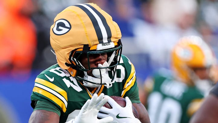 Green Bay Packers wide receiver Romeo Doubs (87) runs with the ball against the New York Giants.