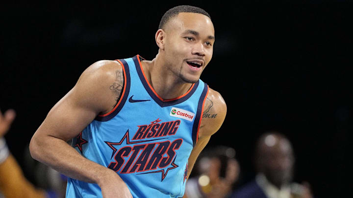 Feb 14, 2025; San Francisco, California, USA; Team G-League guard Bryce McGowens (11) of Rip City Remix celebrates during the 2025 NBA Rising Stars Game at Chase Center. Mandatory Credit: Kyle Terada-Imagn Images