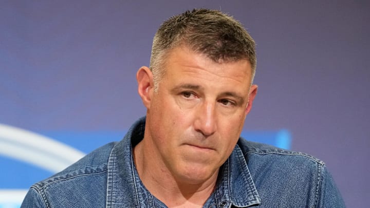 Feb 25, 2026; Indianapolis, IN, USA; New England Patriots coach Mike Vrabel speaks during the NFL Scouting Combine at the Indiana Convention Center. Mandatory Credit: Kirby Lee-Imagn Images