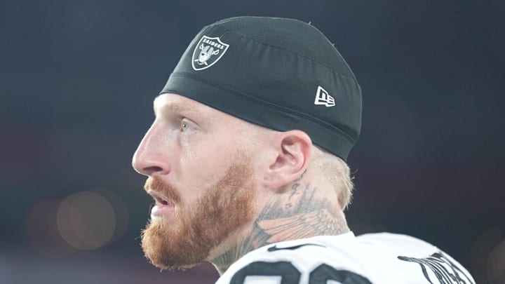 Aug 23, 2025; Glendale, Arizona, USA; Las Vegas Raiders defensive end Maxx Crosby (98) looks on against the Arizona Cardinals during the first half at State Farm Stadium. Mandatory Credit: Joe Camporeale-Imagn Images