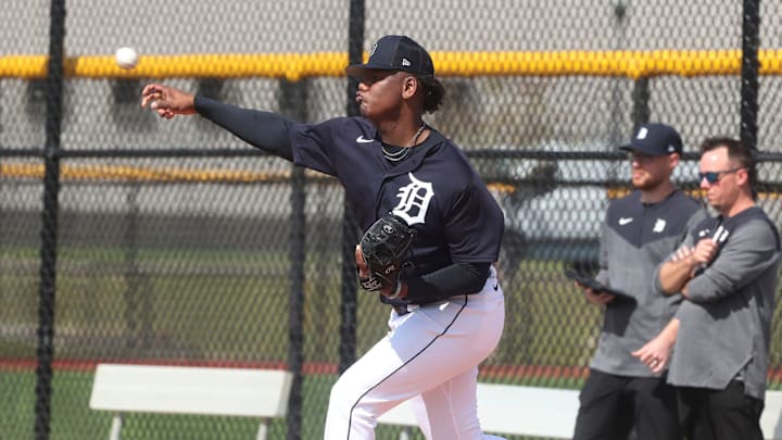 Detroit Tigers pitchers and catchers went through drills and a bullpen session during Spring Training Wednesday, February 15, 2023. Pitcher Elvis Alvarado throws during his bullpen session.