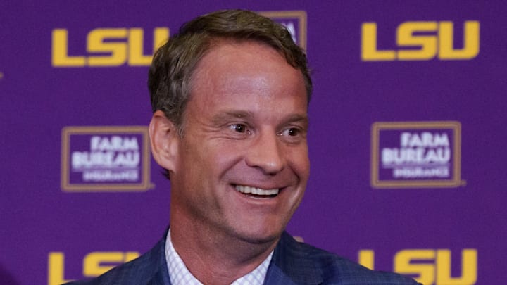 LSU's new head coach, Lane Kiffin, speaks at the South Stadium Club at Tiger Stadium.