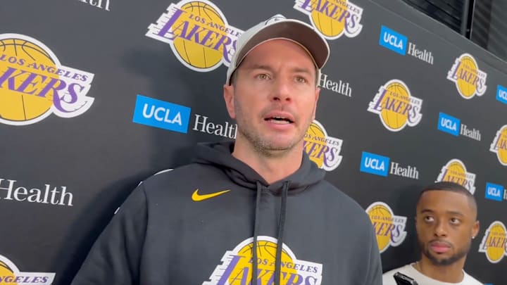 Los Angeles Lakers head coach JJ Redick speaks to reporters on Dec. 17, 2024.