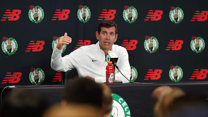 Sep 24, 2024; Boston, MA, USA;  Boston Celtics general manager Brad Stevens talks to reporters during media day at Auerbach Center. Mandatory Credit: David Butler II-Imagn Images