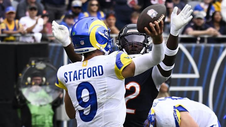 Sep 29, 2024; Chicago, Illinois, USA;  Chicago Bears defensive end Darrell Taylor (52) pressures Los Angeles Rams quarterback Matthew Stafford (9) at the end of the second half at Soldier Field. Mandatory Credit: Matt Marton-Imagn Images