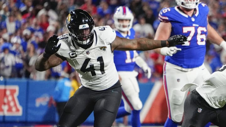 Sep 23, 2024; Orchard Park, New York, USA; Jacksonville Jaguars defensive end Josh Hines-Allen (41) pursues a play against the Buffalo Bills during the first half at Highmark Stadium. Mandatory Credit: Gregory Fisher-Imagn Images