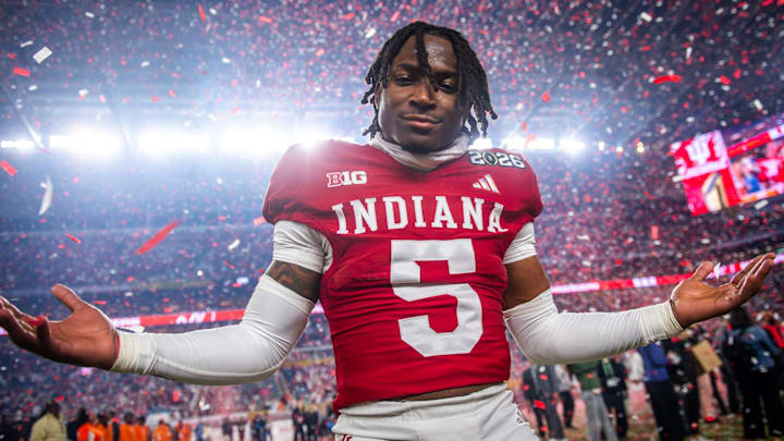 Indiana's D'Angelo Ponds celebrates after the College Football Playoff National Championship college football game. Indiana's D'Angelo Ponds celebrates after the College Football Playoff National Championship college football game.