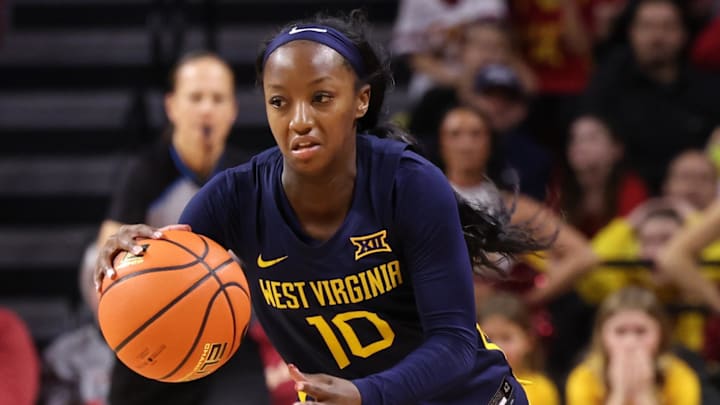 Jan 11, 2026; Ames, Iowa, USA; West Virginia Mountaineers guard Jordan Harrison (10) starts a fast break against the Iowa State Cyclones during the second half at James H. Hilton Coliseum. Mandatory Credit: Reese Strickland-Imagn Images Jan 11, 2026; Ames, Iowa, USA; West Virginia Mountaineers guard Jordan Harrison (10) starts a fast break against the Iowa State Cyclones during the second half at James H. Hilton Coliseum. Mandatory Credit: Reese Strickland-Imagn Images