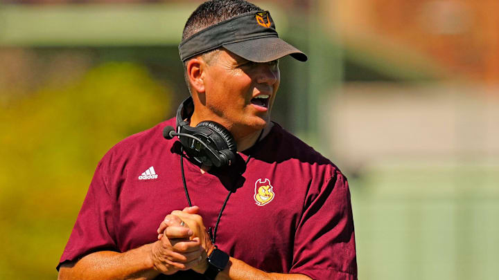 Arizona State defensive coordinator Brian Ward runs a drill for his secondary during the first day of fall practice in Tempe, Ariz. on July 30, 2025.
