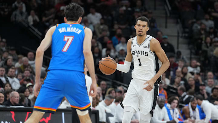 Feb 29, 2024; San Antonio, Texas, USA; San Antonio Spurs center Victor Wembanyama (1) dribbles in front of Oklahoma City Thunder forward Chet Holmgren (7) in the first half at Frost Bank Center. Mandatory Credit: Daniel Dunn-Imagn Images Feb 29, 2024; San Antonio, Texas, USA; San Antonio Spurs center Victor Wembanyama (1) dribbles in front of Oklahoma City Thunder forward Chet Holmgren (7) in the first half at Frost Bank Center. Mandatory Credit: Daniel Dunn-Imagn Images