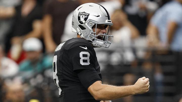 Sep 13, 2026; Paradise, Nevada, USA; Las Vegas Raiders quarterback Kirk Cousins (8) reacts after a touchdown in the second quarter against the Miami Dolphins at Allegiant Stadium. Mandatory Credit: David Brytus-Imagn Images Sep 13, 2026; Paradise, Nevada, USA; Las Vegas Raiders quarterback Kirk Cousins (8) reacts after a touchdown in the second quarter against the Miami Dolphins at Allegiant Stadium. Mandatory Credit: David Brytus-Imagn Images