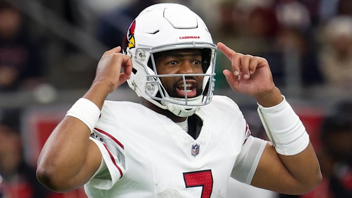 Dec 14, 2025; Houston, Texas, USA; Arizona Cardinals quarterback Jacoby Brissett (7) calls an audible against the Houston Texans in the third quarter at NRG Stadium. Mandatory Credit: Thomas Shea-Imagn Images